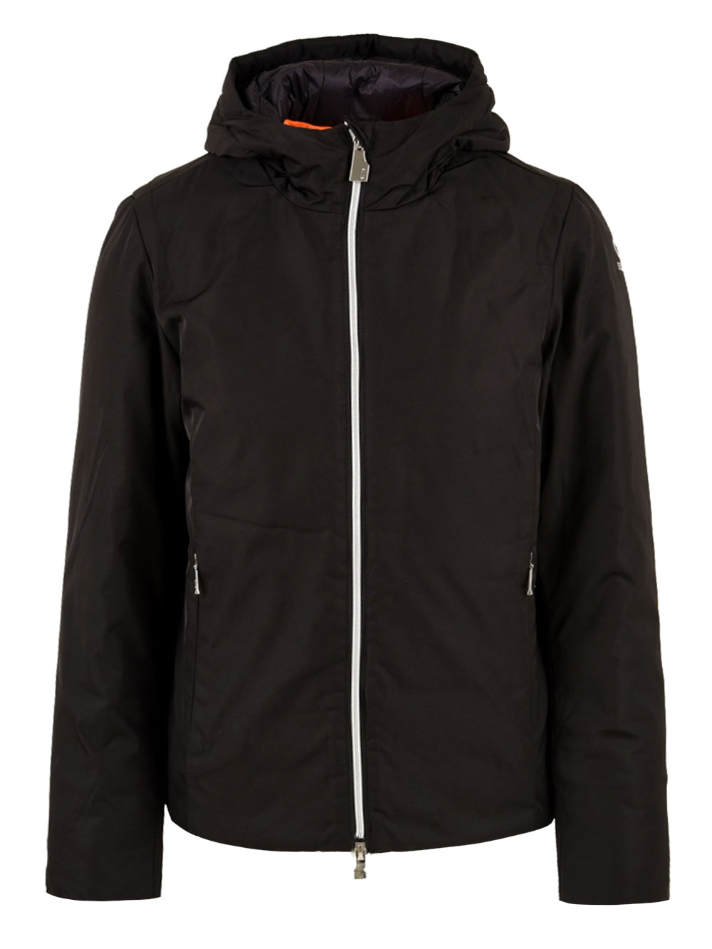 Giubbotto nero con cappuccio e zip bianca da Donna Flaminia Mem