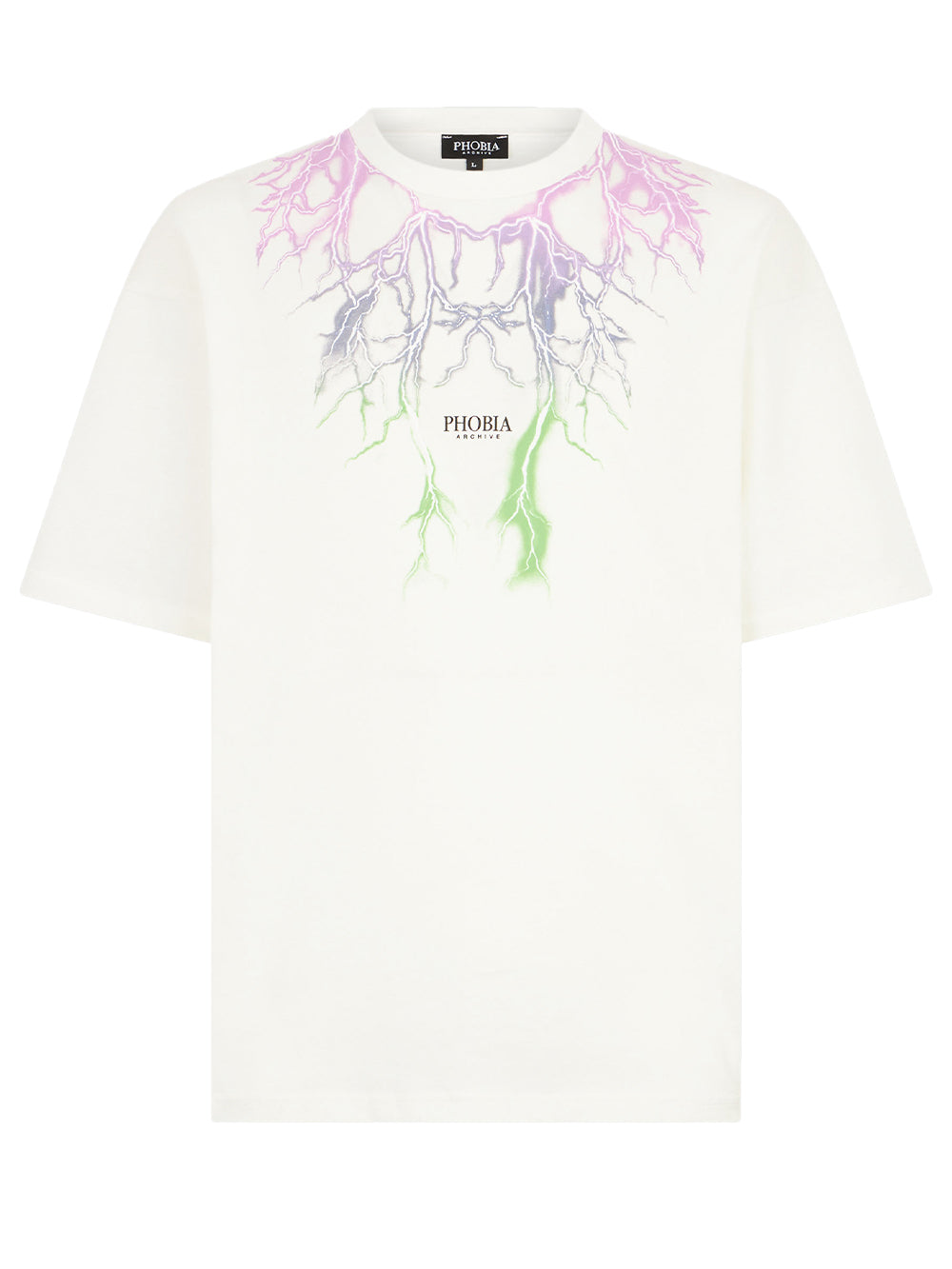 T-shirt Uomo bianca con stampa fulmini viola e verdi