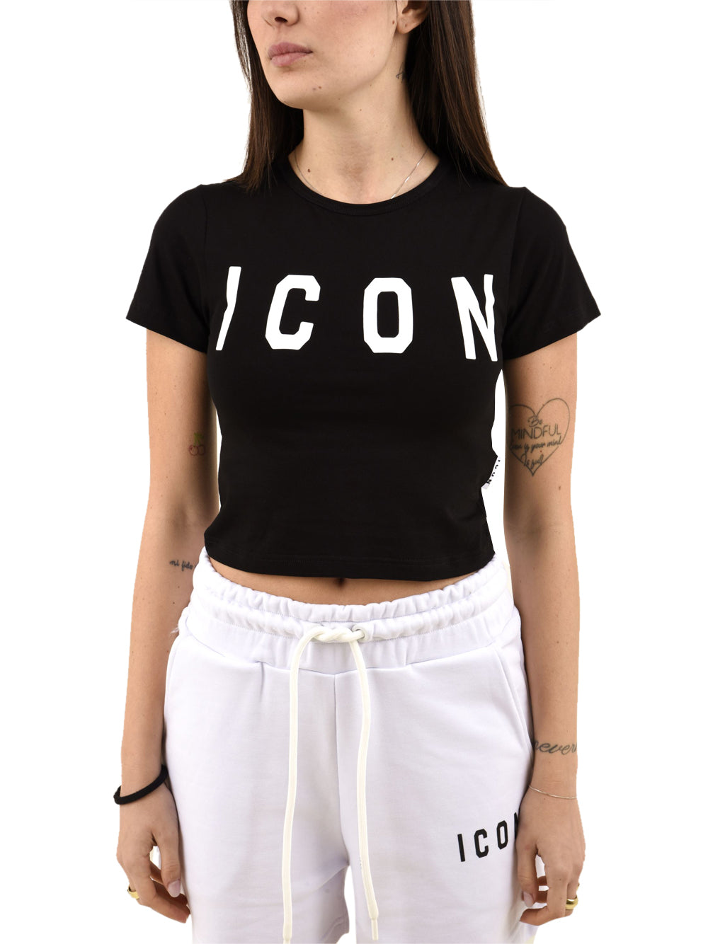 T-shirt cropped aderente logo grande ICON Donna - Nero